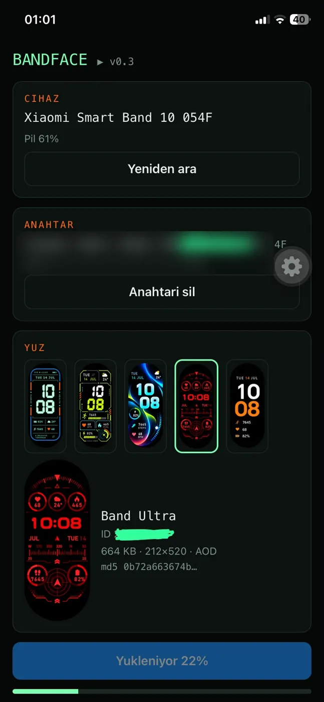 iPhone app showing device, key and face selection while uploading